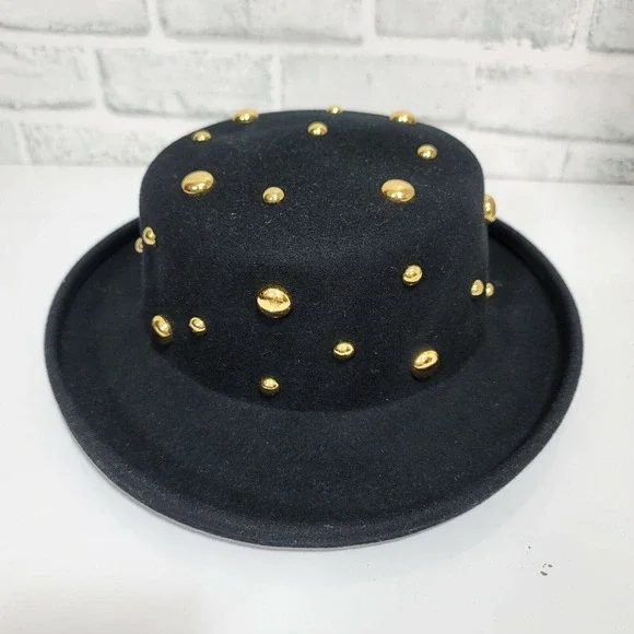 Vintage Black LiteFelt Wool Hat Gold Studded Steampunk Western‎ Bowler Style USA - Picture 6 of 9